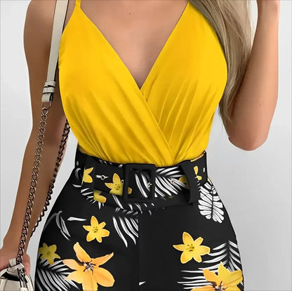 Women's Printed Suit Sleeveless V-Neck Camisole Top Belt Shorts Suit Sexy Office Fashion Casual Two-piece Women's Suit
