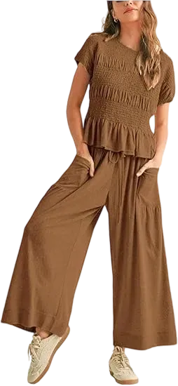 Women's  2-Piece Lounge Set Relaxed Fit with Soft Smocked Top & Flowy Pants