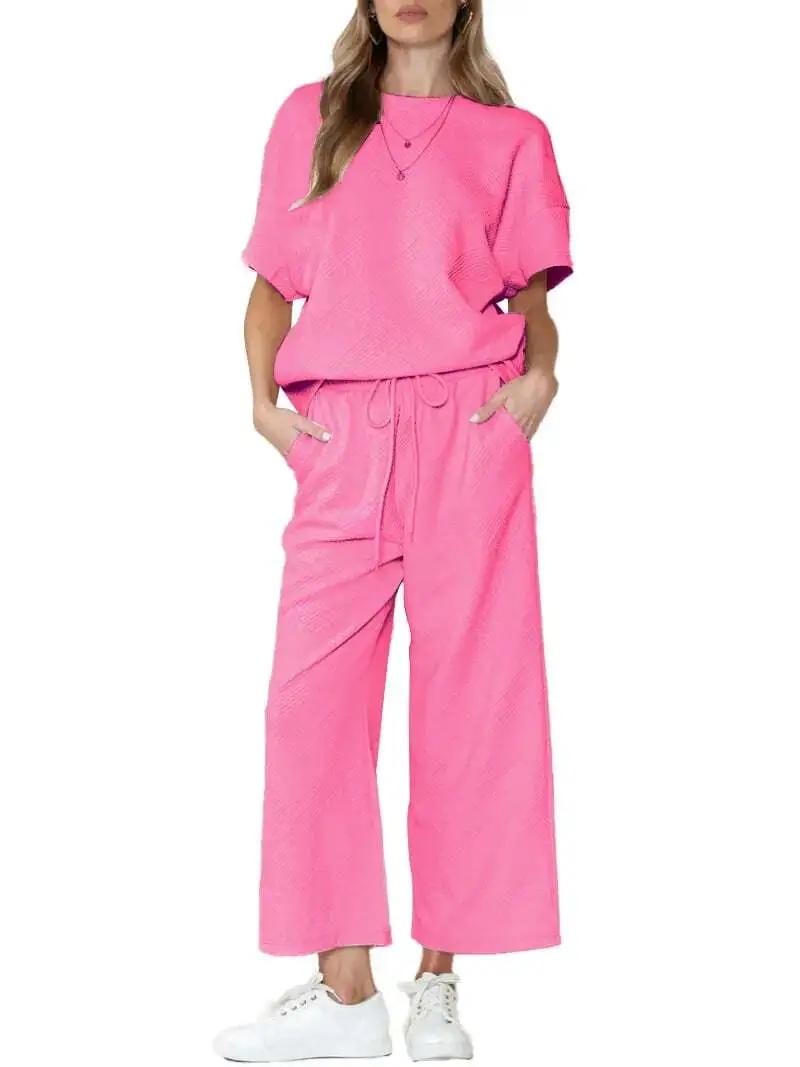 ⏰Women's Textured Loose Fit T Shirt and Drawstring Pants Casual Set
