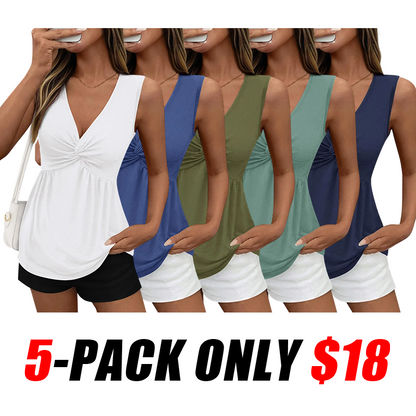 Womens Babydoll Twist Front V Neck Sleeveless Flowy Blouses