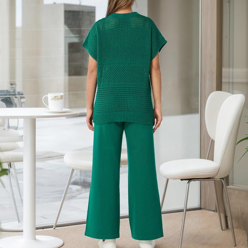 Women'S Cotton Knit Crochet Sweater Set Two Piece Cozy Stylish Lounge Outfit For Casual Wear Comfortable Elegant