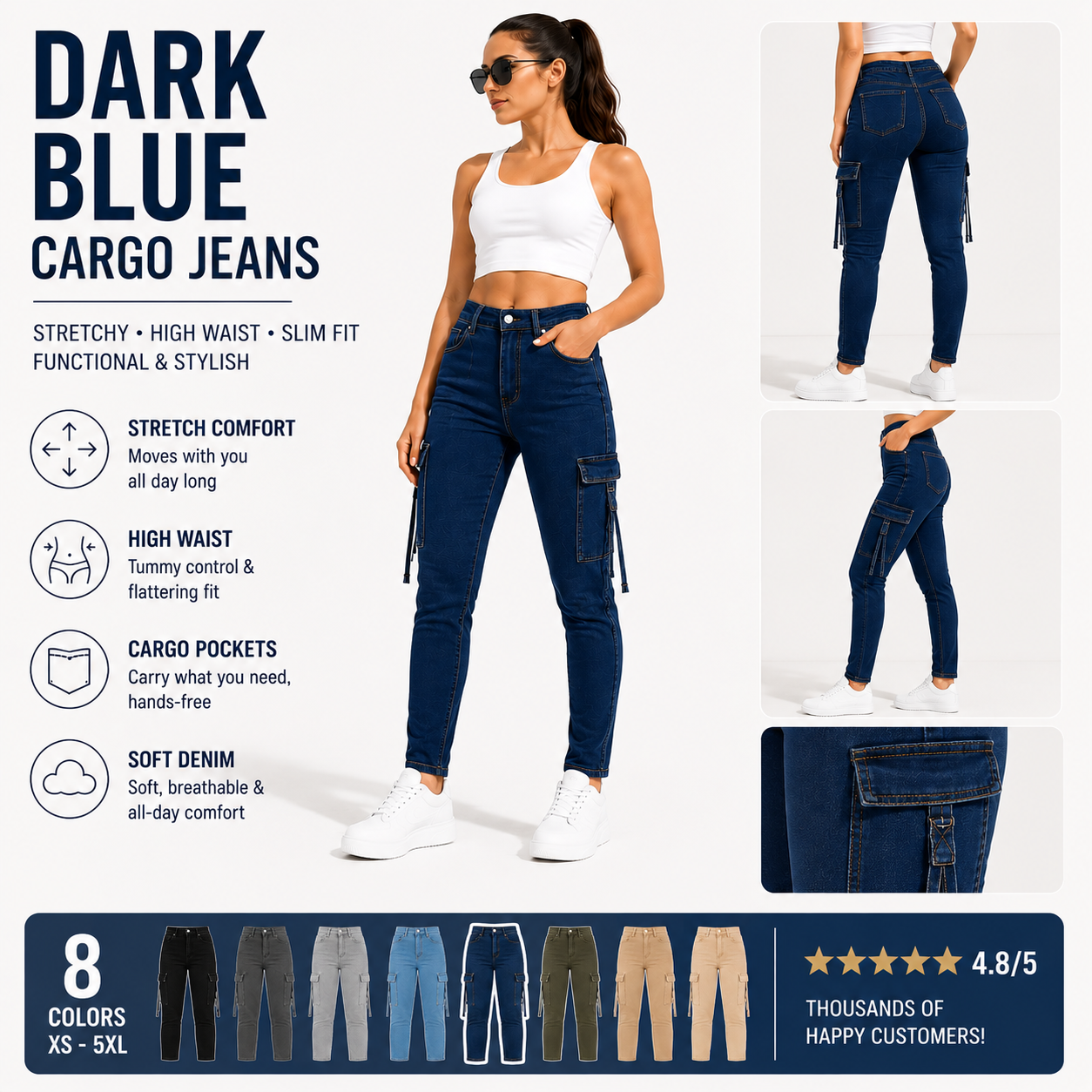 Women's High Waisted Stretch Cargo Jeans with Pockets