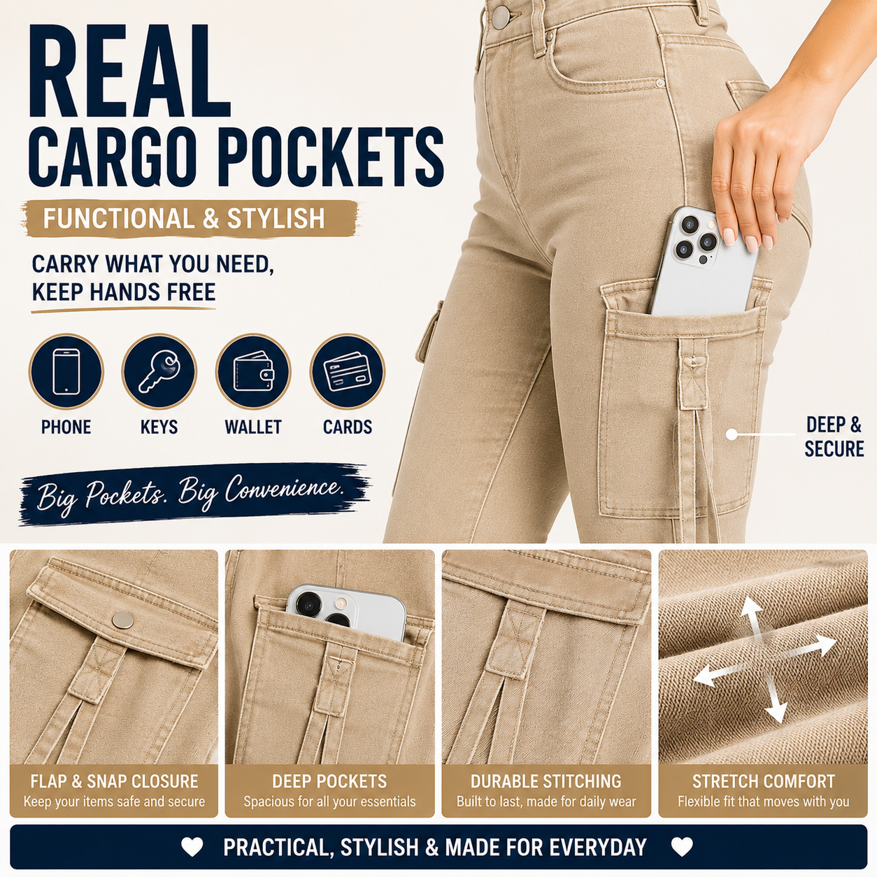 Women's High Waisted Stretch Cargo Jeans with Pockets