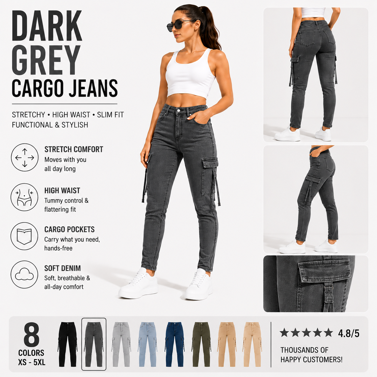 Women's High Waisted Stretch Cargo Jeans with Pockets