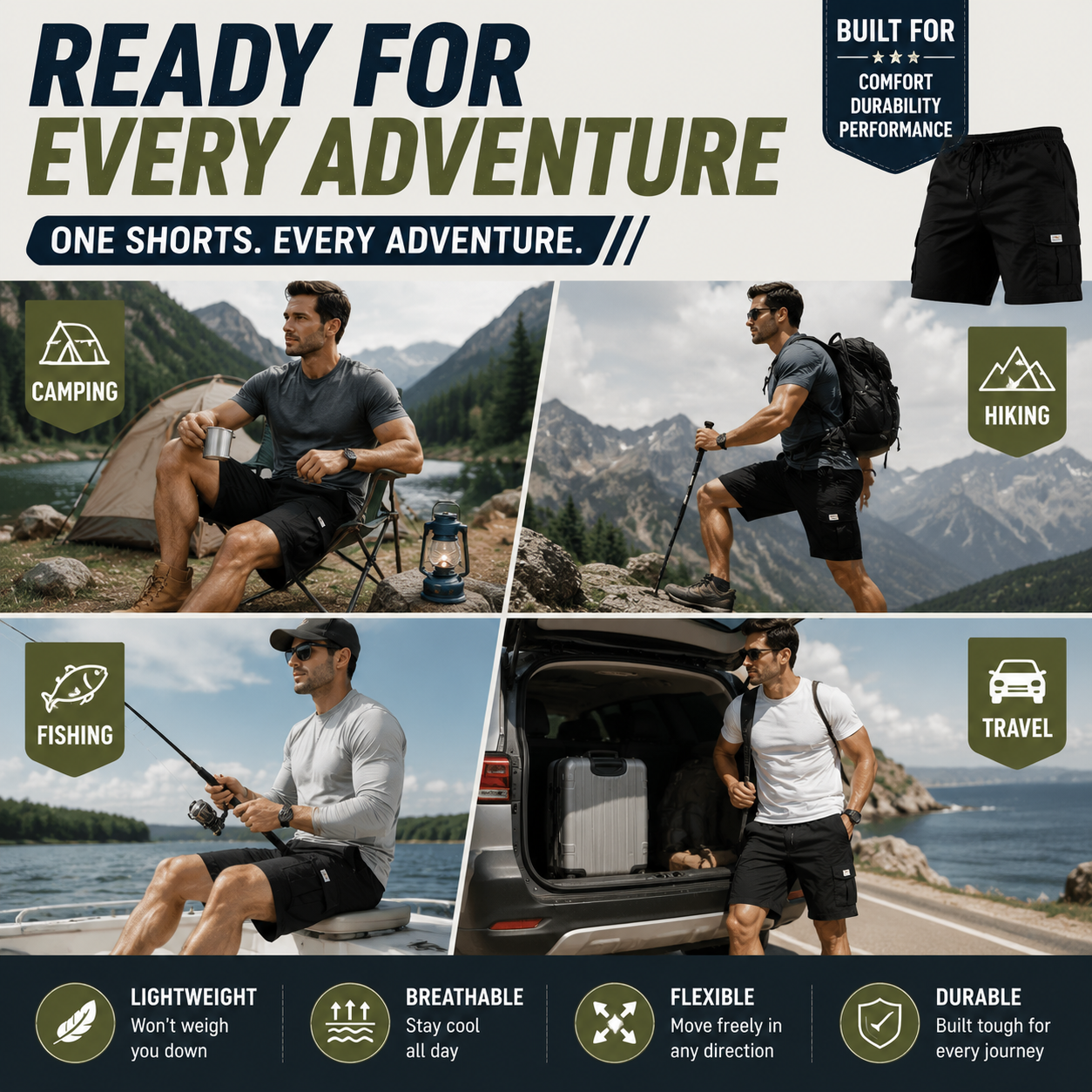 Men's Pockets Drawstring Cargo Shorts
