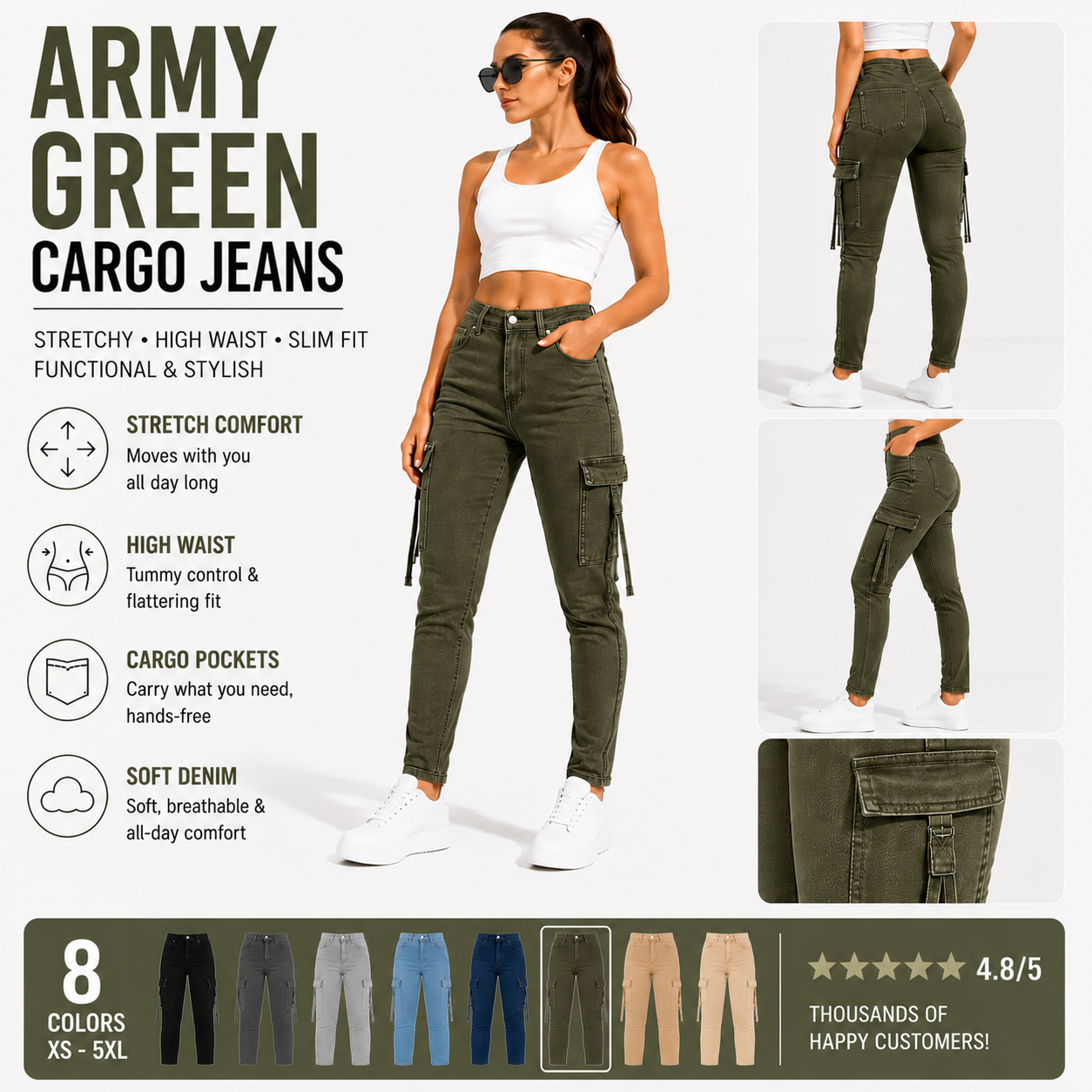 Women's High Waisted Stretch Cargo Jeans with Pockets