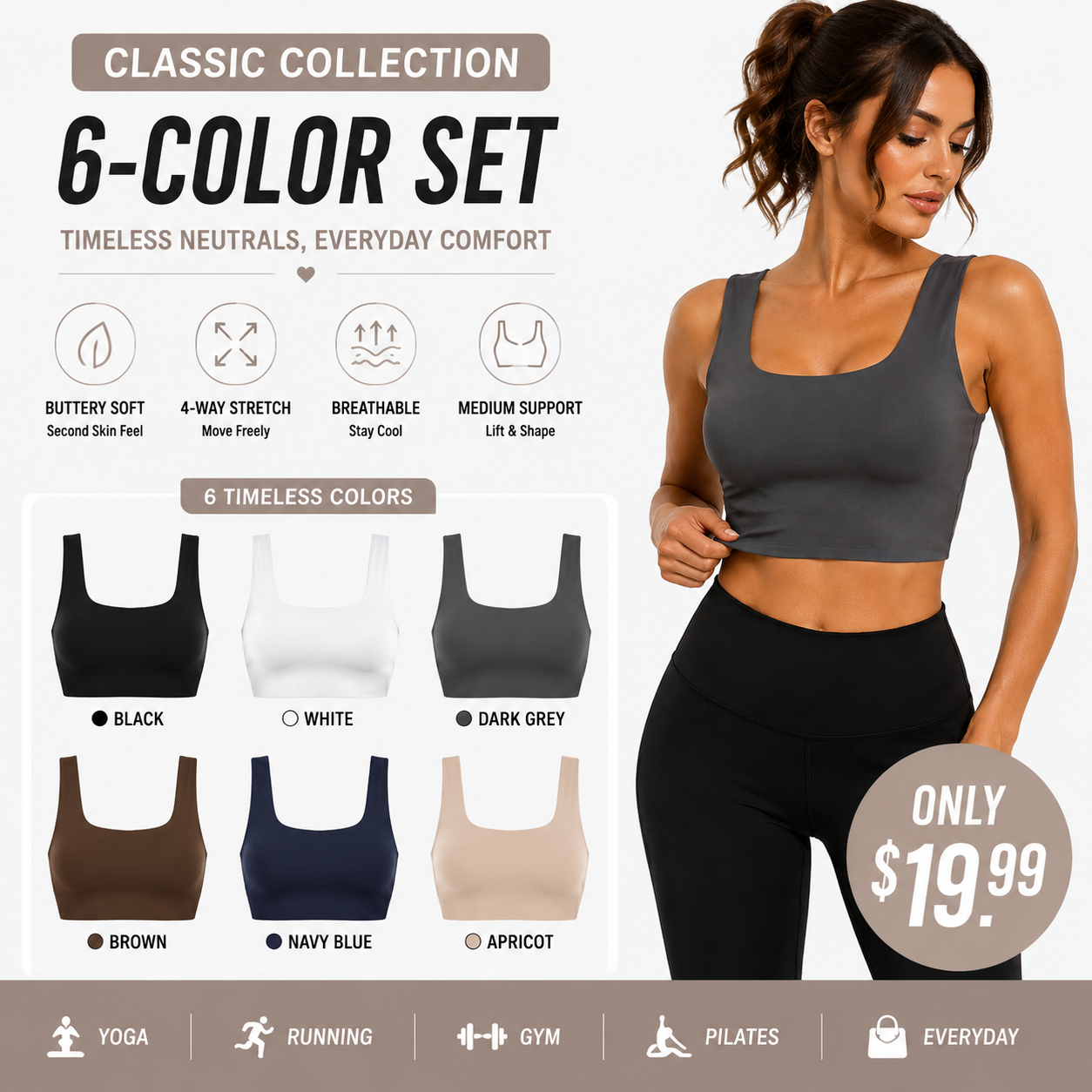 Buttery Soft Square Neck Sports Bra with Removable Pads
