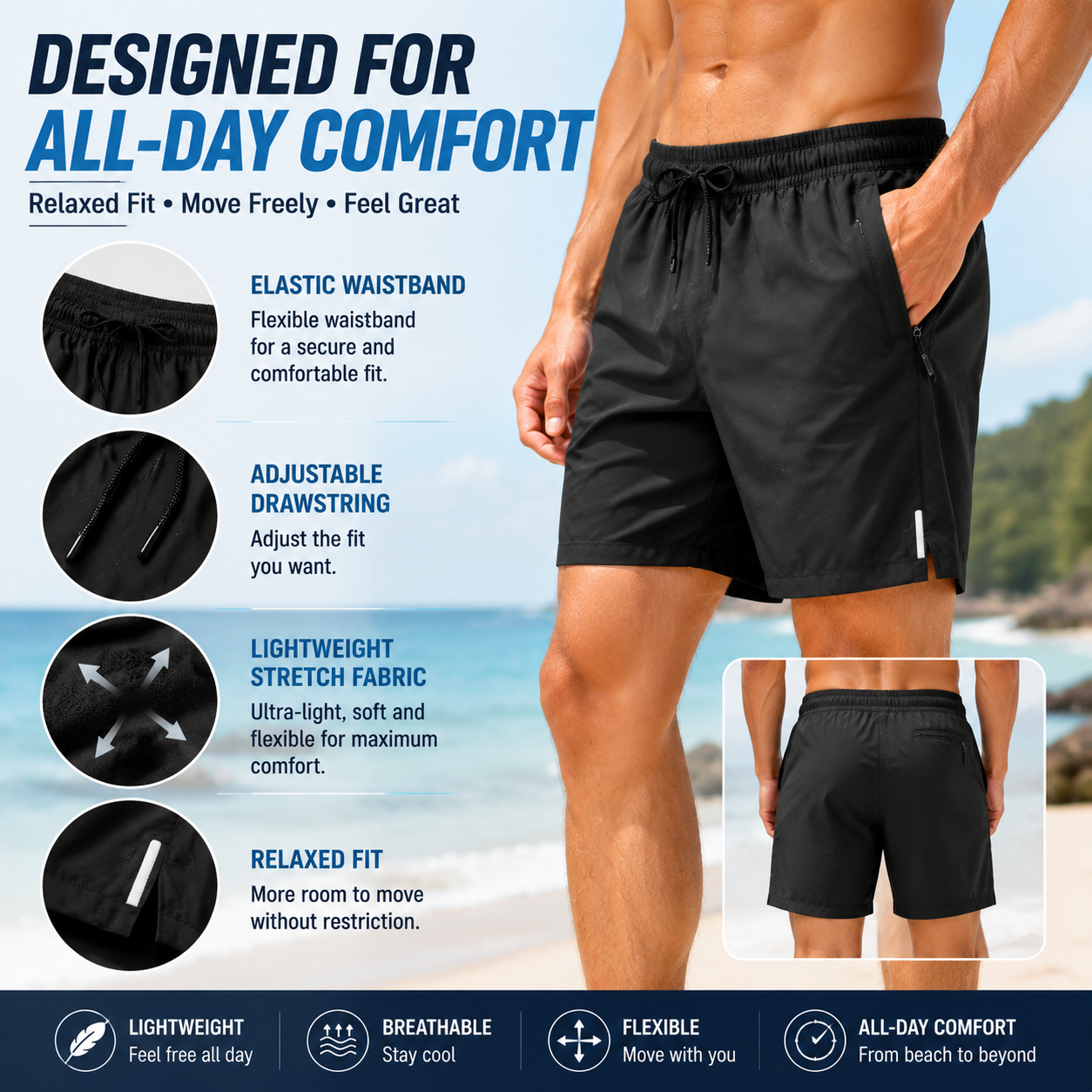 Men's Quick Dry Shorts with Zipper Pockets – Lightweight Summer Athletic Shorts