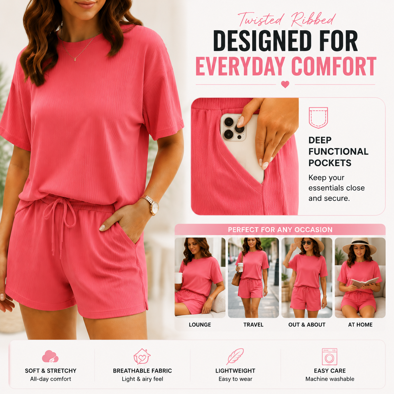 Twisted Ribbed Lounge Set – Soft Stretch Two Piece Outfit for Women