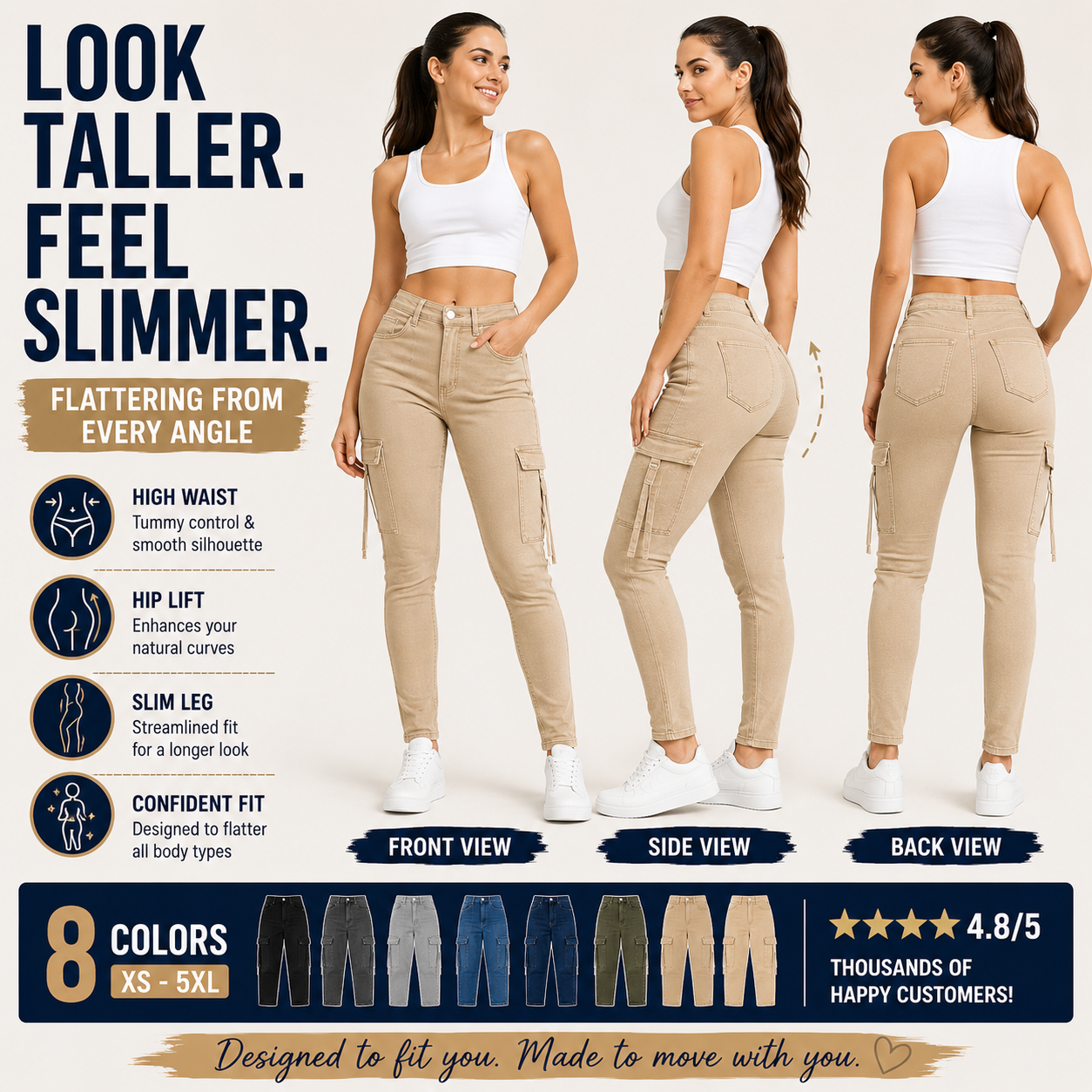 Women's High Waisted Stretch Cargo Jeans with Pockets