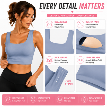 Buttery Soft Square Neck Sports Bra with Removable Pads