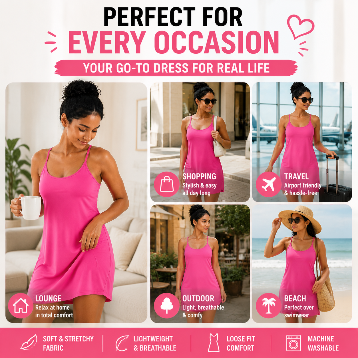 Soft Stretch Casual Summer Dress Multi-Color Value Pack (7-Pack)