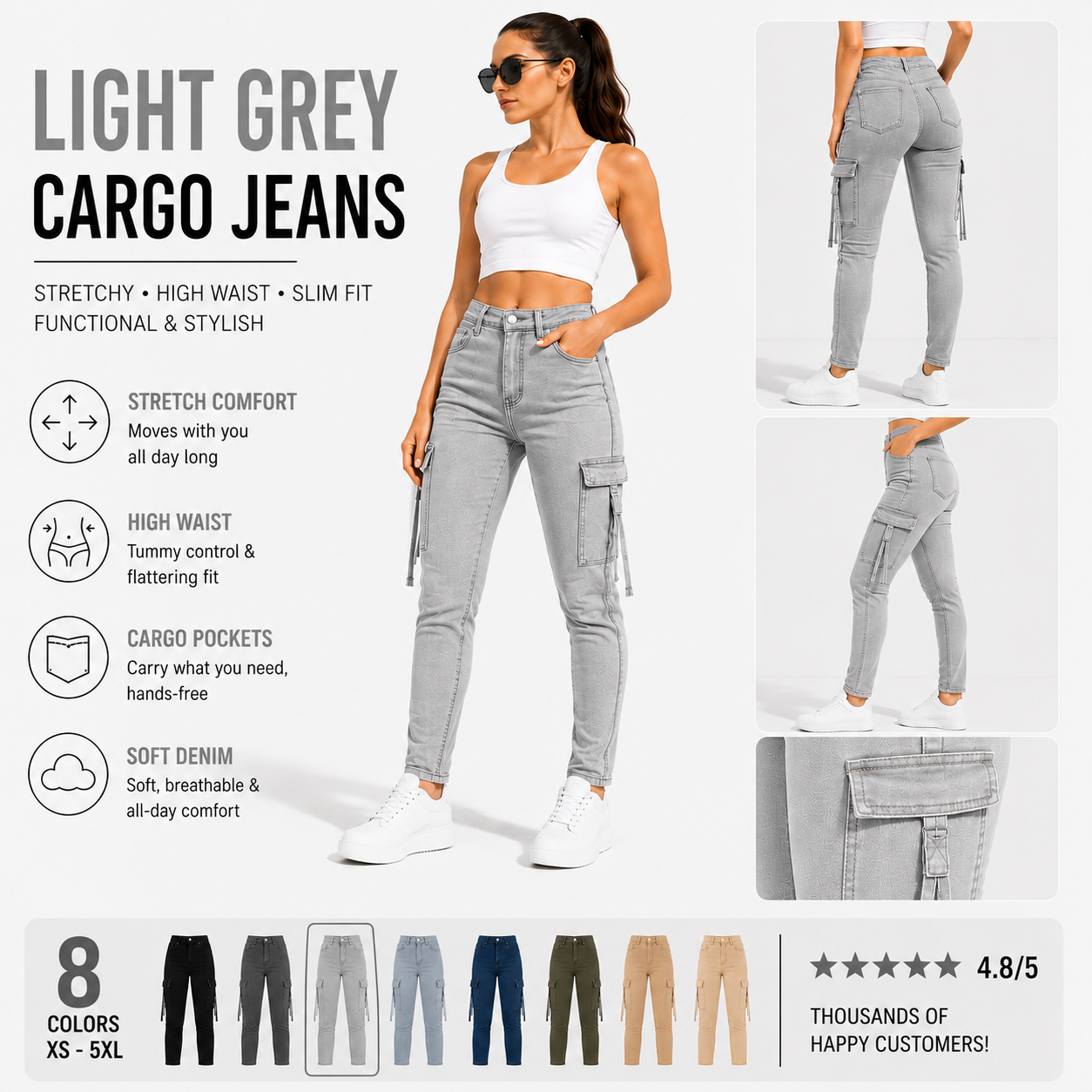 Women's High Waisted Stretch Cargo Jeans with Pockets