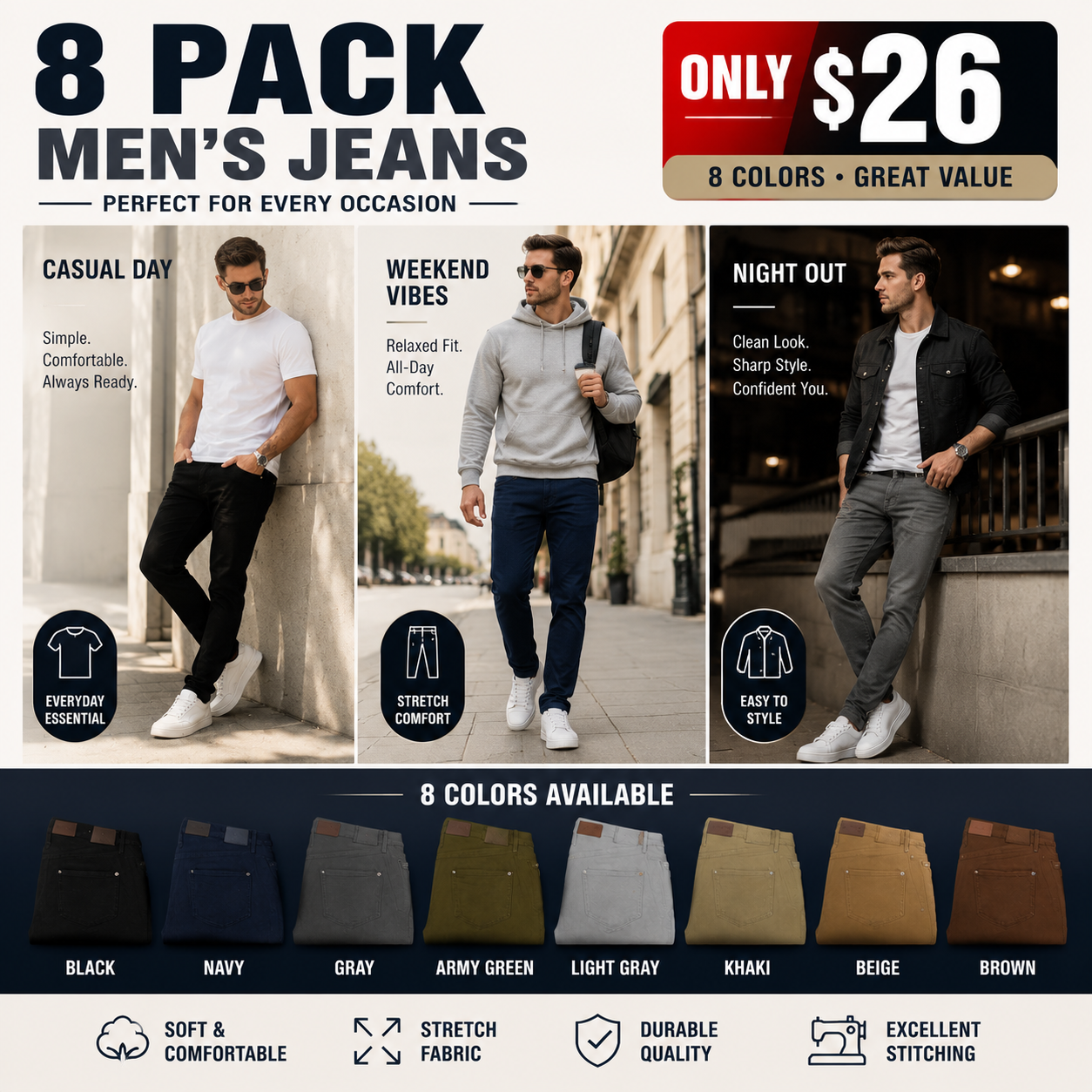 8-Pack Men's Slim Fit Stretch Jeans