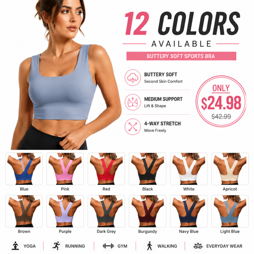 Buttery Soft Square Neck Sports Bra with Removable Pads