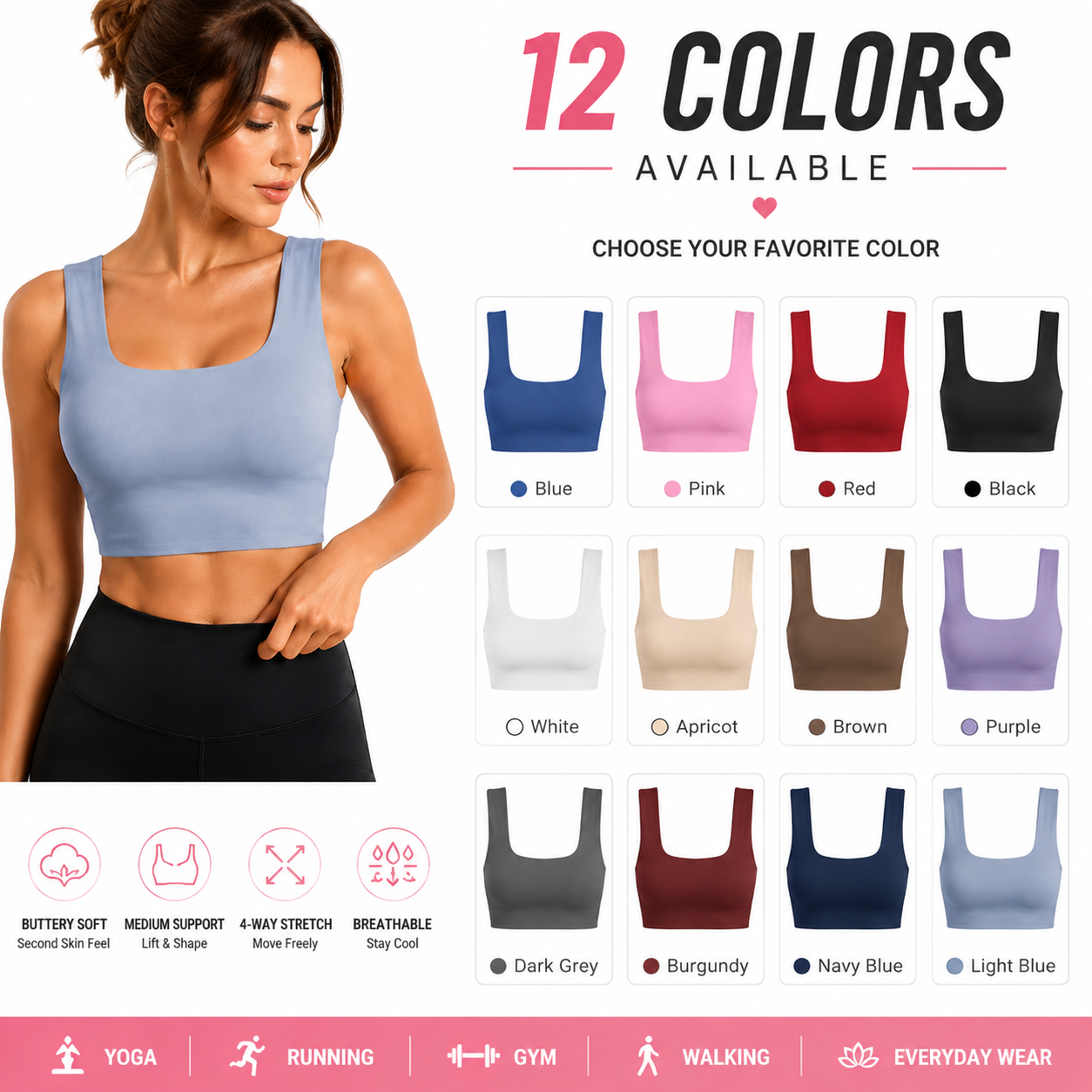 Buttery Soft Square Neck Sports Bra with Removable Pads