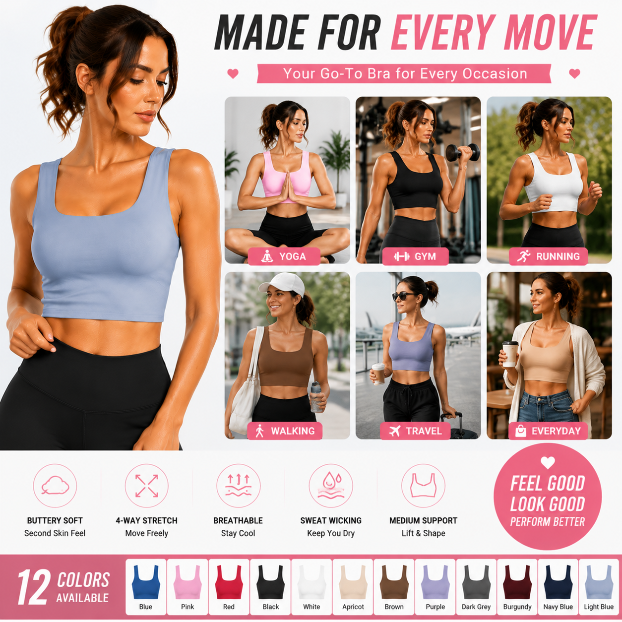 Buttery Soft Square Neck Sports Bra with Removable Pads