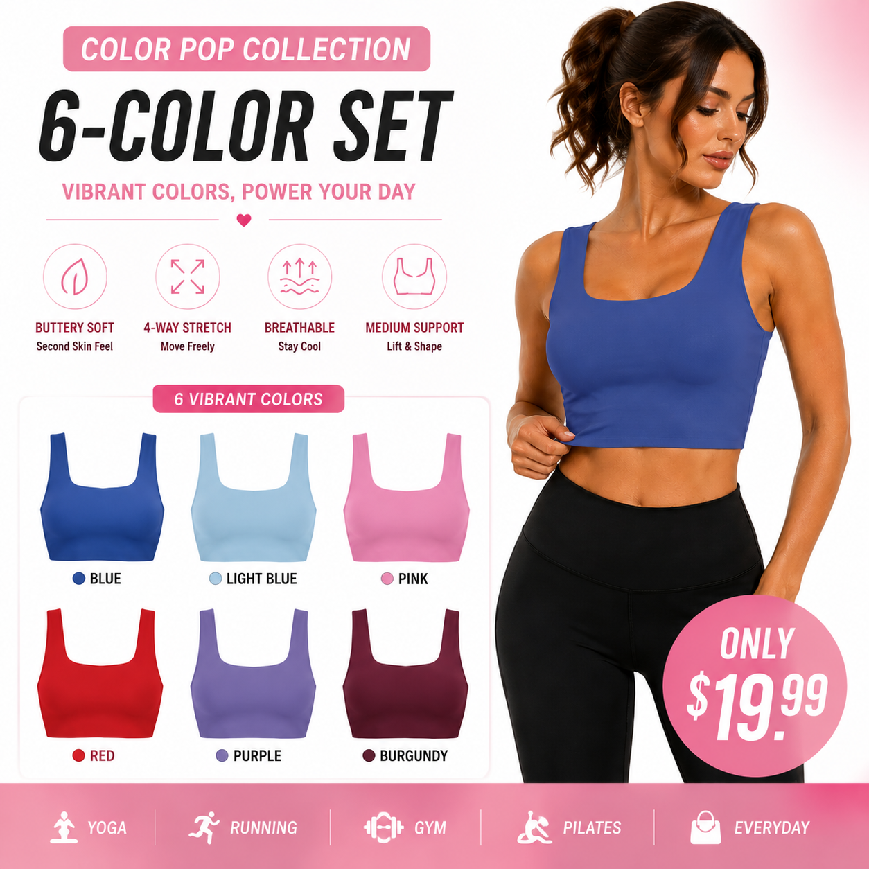 Buttery Soft Square Neck Sports Bra with Removable Pads