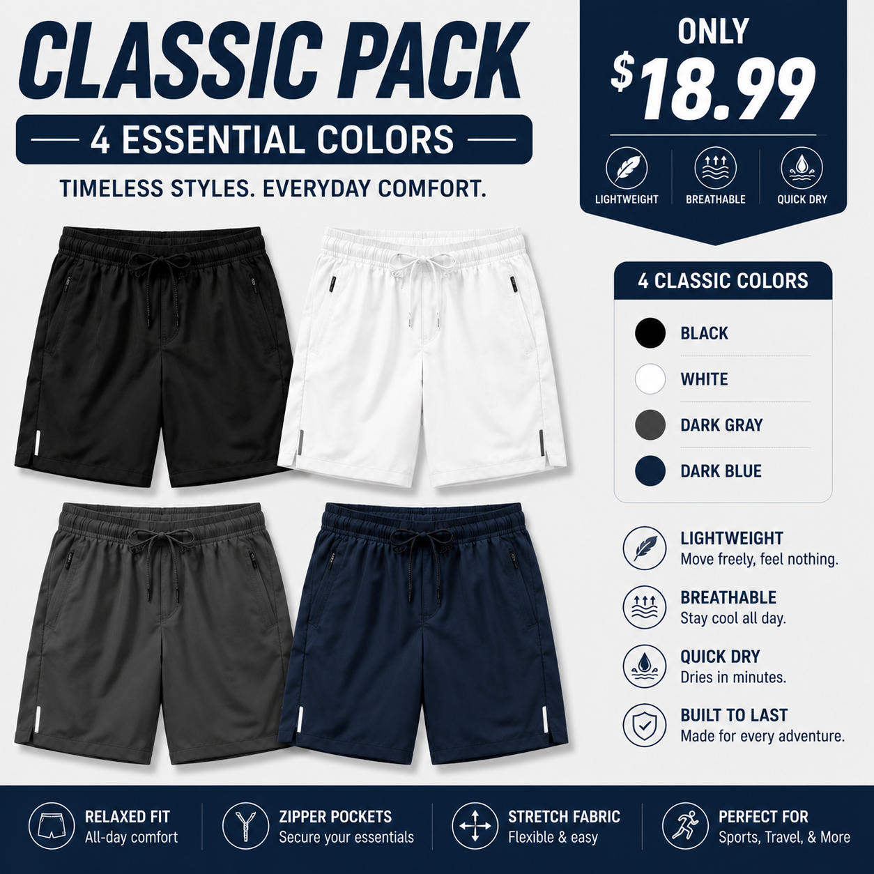 Men's Quick Dry Shorts with Zipper Pockets – Lightweight Summer Athletic Shorts