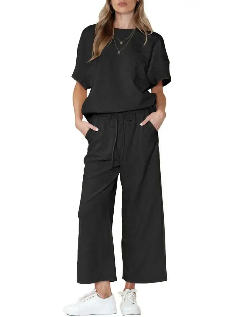 ⏰Women's Textured Loose Fit T Shirt and Drawstring Pants Casual Set