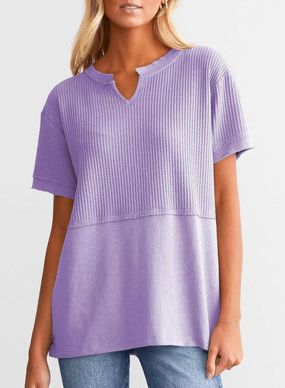 2025 Summer Women's Waffle Knit Shirt Casual V-Neck Short Sleeve Top