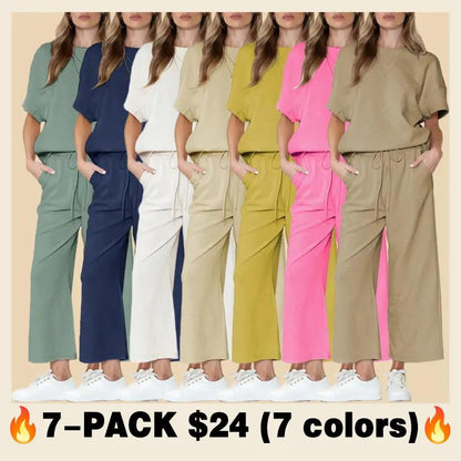 ⏰Women's Textured Loose Fit T Shirt and Drawstring Pants Casual Set