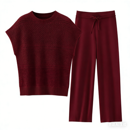 Women'S Cotton Knit Crochet Sweater Set Two Piece Cozy Stylish Lounge Outfit For Casual Wear Comfortable Elegant