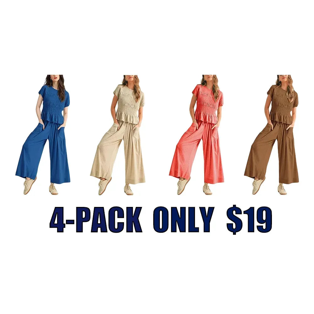 Women's  2-Piece Lounge Set Relaxed Fit with Soft Smocked Top & Flowy Pants