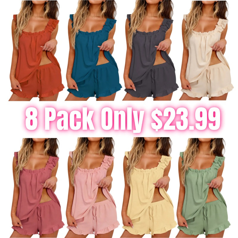 Women's Summer 2 Piece Ruffle Pajama Set Soft Sleepwear Loungewear Shorts Set